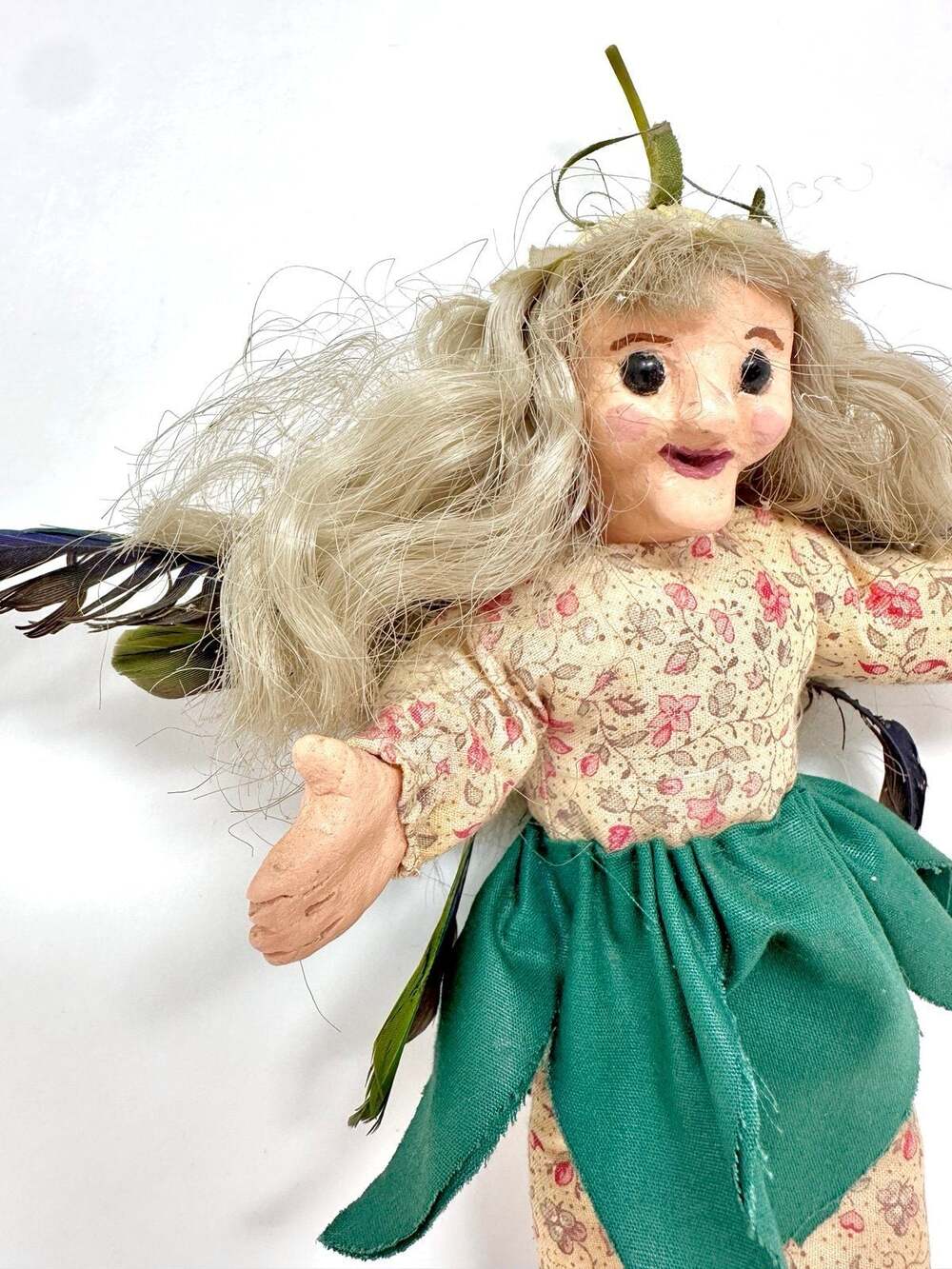 Handmade Folk Fairy Art Doll paper mache + fiber art with Feathers & Green Skirt